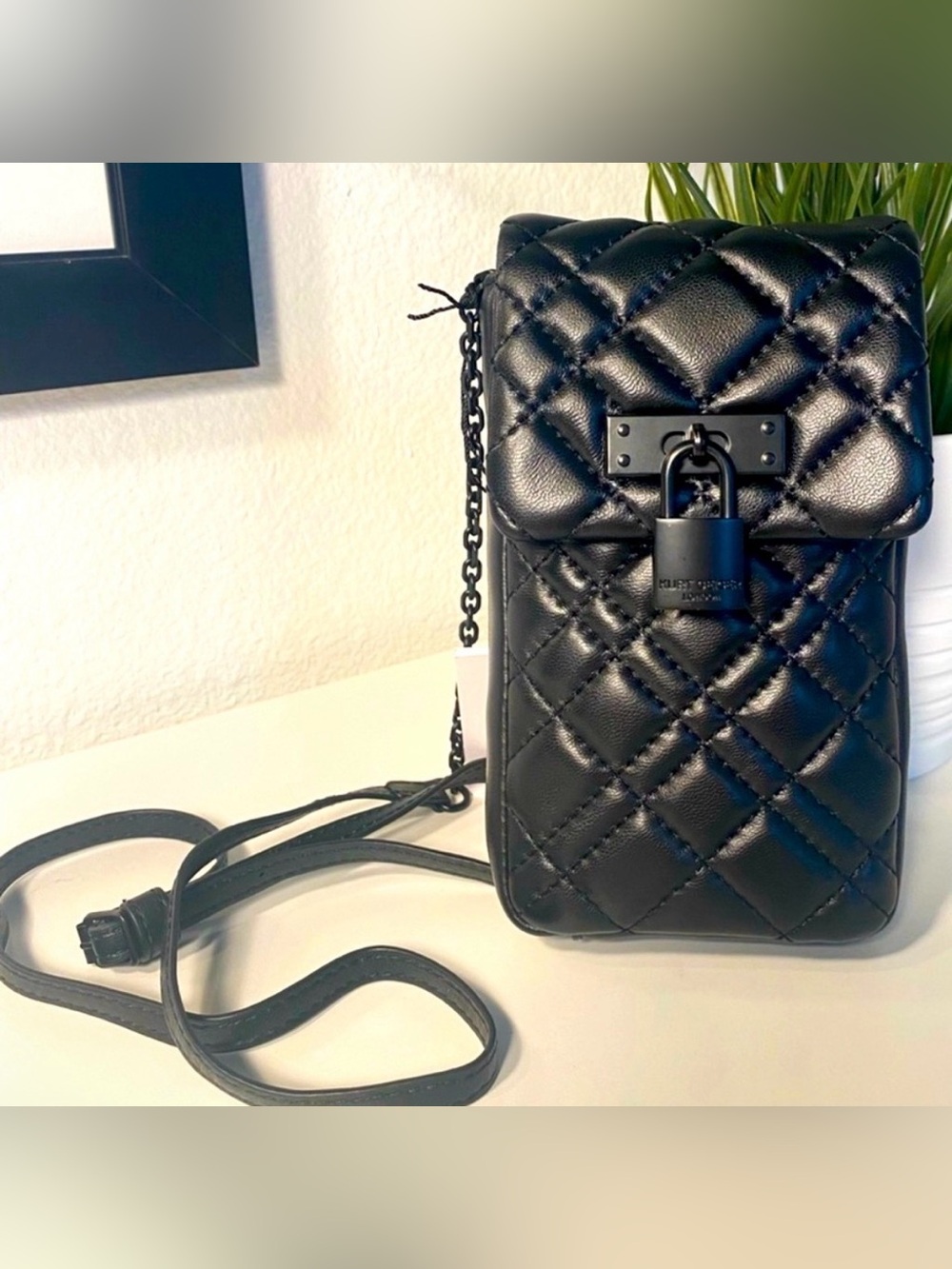 Kurt Geiger Black Quilted Leather Crossbody with Chain Strap and Padlock